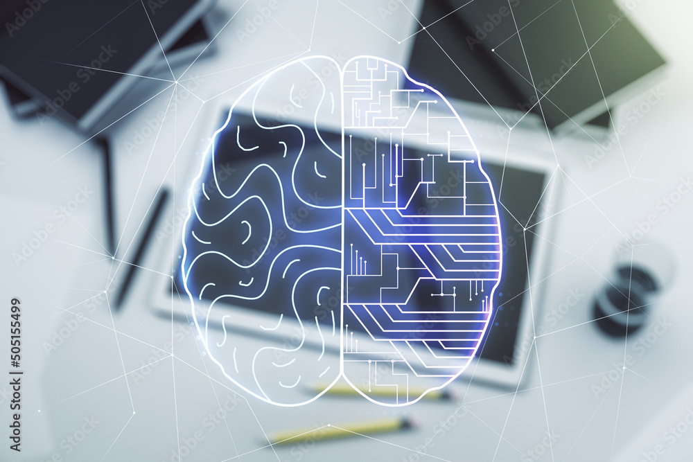 Aufkleber Double exposure of creative artificial Intelligence symbol and digital tablet on background, top view. Neural networks and machine learning concept