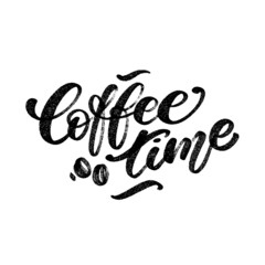 Coffee time hand written words with coffee beans to go cup with straw. Lettering coffee graphic concept. - 505155693