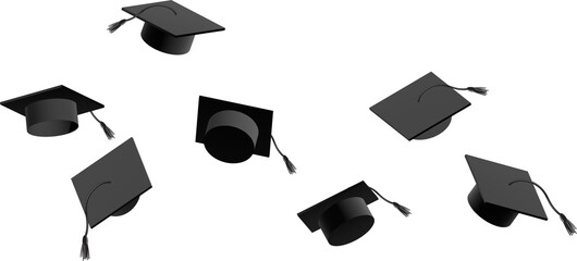Many graduation caps tossed into air isolated on white background