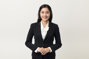 Happy young asian business woman call centre. Welcome female operator put on smalltalk headphone...
