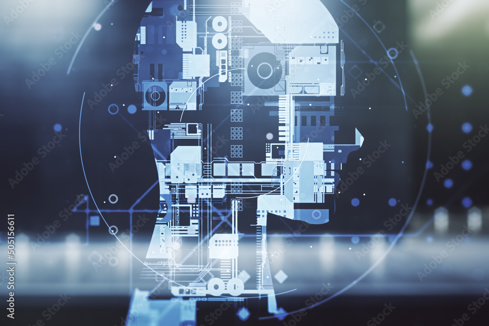 Aufkleber double exposure of creative artificial intelligence hologram on modern business center exterior back