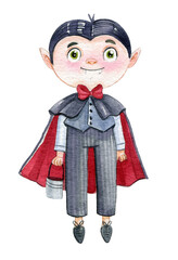 Watercolor illustration of Halloween cute little vampire, boy wear in Dracula costume on white background. Happy Halloween postcard.