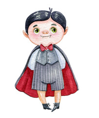 Watercolor illustration of Halloween cute little vampire, boy wear in Dracula costume on white background. Happy Halloween postcard.