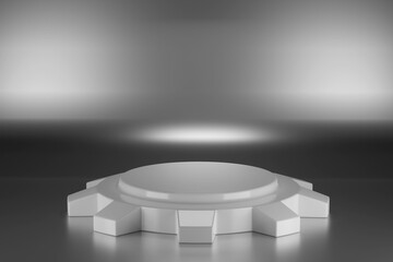 Empty white podium against the backdrop of a beautiful backlight. 3d render