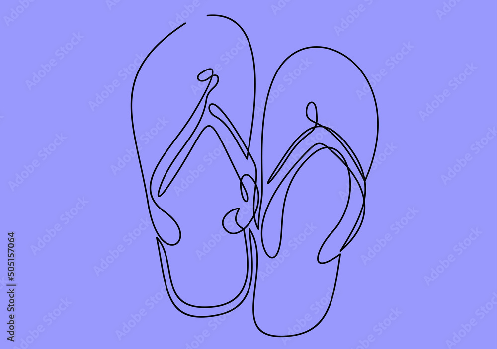 Poster Beach slippers vector line icon-continuous line vector drawing. 