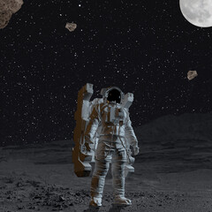 Astronaut in outer space, on an unknown planet over dark starry background. 3d rendering. Concept of research, art, challenges