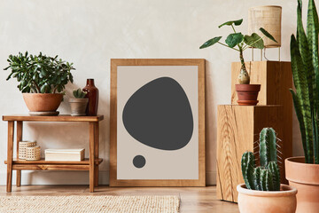 Creative composition of stylish living room interior with mock up poster frame, wooden shelf,...
