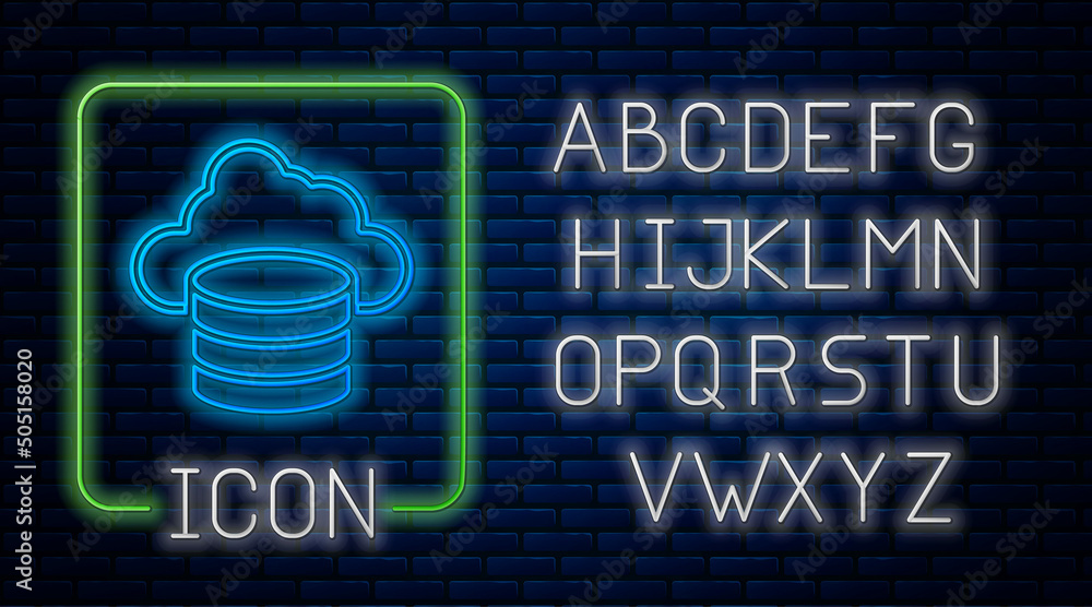 Poster glowing neon cloud database icon isolated on brick wall background. cloud computing concept. digital
