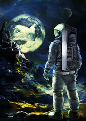 Astronaut on an unexplored planet / Illustration a person in a spacesuit, standing on a strange planet. Two moons and mountain terrain in the background, digital painting