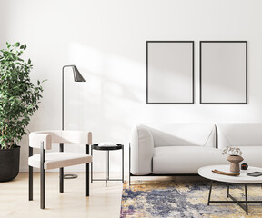 empty poster frames mockup in modern living room interior background, 3d rendering