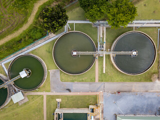 Aerial view of circular water treatment tank for cleaning up and recycling the contaminated...