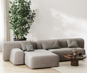 Modern living room interior with gray sofa, 3d rendering