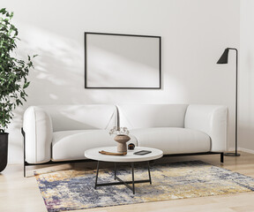 blank picture frame mock up in modern light living room interior with white sofa, 3d rendering