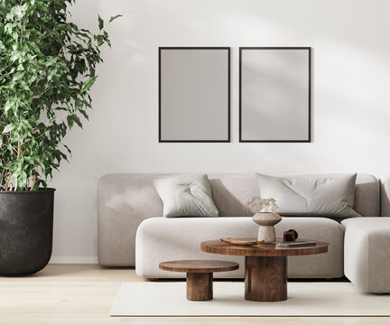 Two blank frames mock up in modern living room interior, minimalist style, 3d rendering