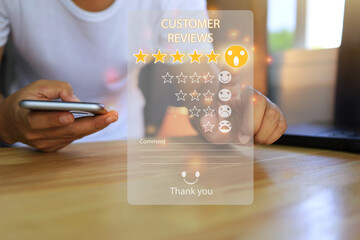 customer in white reach out touch click press activate excellent emoji icon to survey customer...
