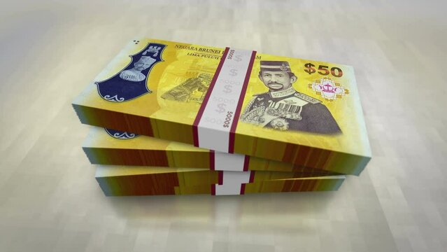 Brunei dollar money pile pack. Concept background of economy, banking, business, crisis, recession, debt and finance. 50 BND banknotes stacks 3d animation.