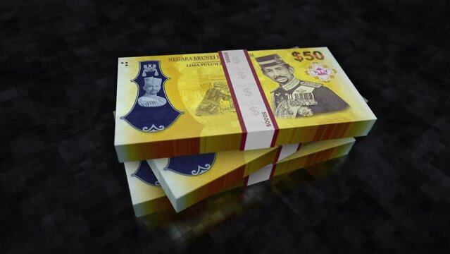 Brunei dollar money pile pack. Concept background of economy, banking, business, crisis, recession, debt and finance. 50 BND banknotes stacks 3d animation.
