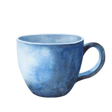 Hand made Ceramic blue cup isolated on white background. Craft mug. Watercolor Illustration for card, design menu
