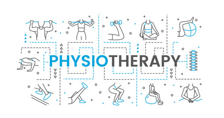 Web banner with physiotherapy icons in black and blue colors. Illustration with spine, orthopedic pillow and people who exercise.