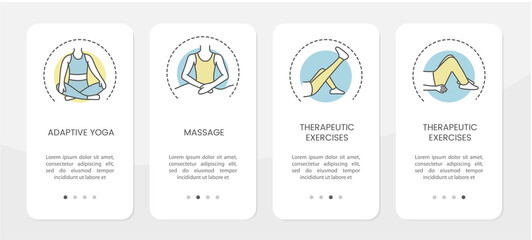 Design of the physiotherapy application with illustrations of exercises and massage. Vector linear icons