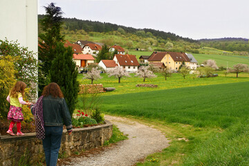 German Landscape. Green meadows, blossoming Cherry Trees. Modern Village houses. Forest on the...