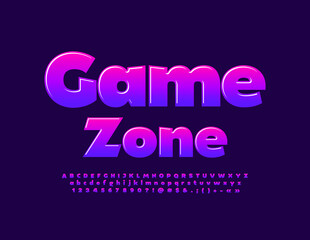 Vector modern sign Game Zone. Creative glossy Font. Artistic Alphabet Letters and Numbers.