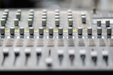 Sound and audio mixer control panel with buttons and sliders. Audio sound mixer console. Audio mixer
