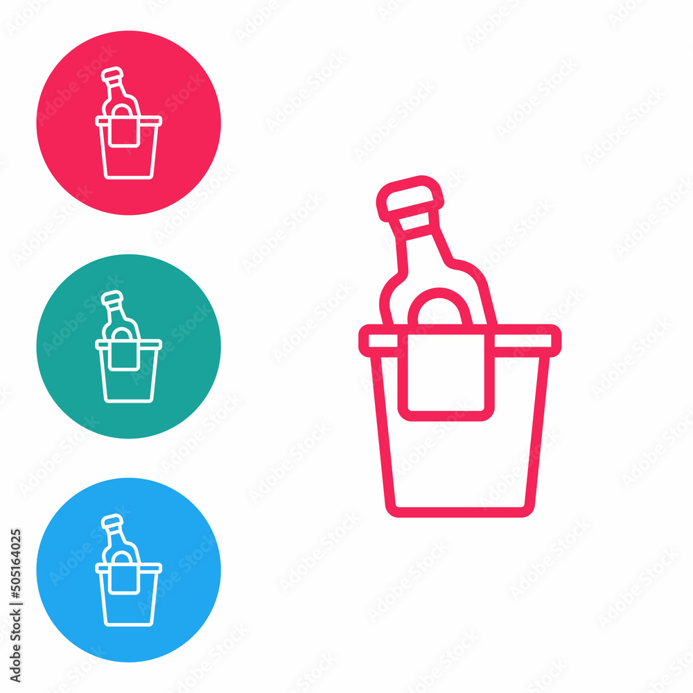 Poster red line bottle of champagne in an ice bucket icon isolated on white background. set icons in circle