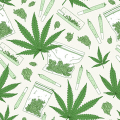 Seamless vector  pattern with marijuana leaves, rolling paper, joints and buds. Cannabis background
