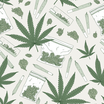 Seamless pattern with marijuana leaves, rolling paper, joints and buds. Cannabis background
