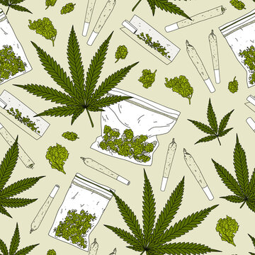 Seamless pattern with marijuana leaves, rolling paper, joints and buds. Cannabis background