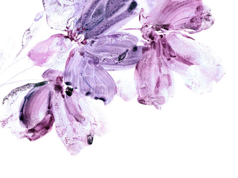 Watercolor purple flowers frame. Floral wedding invitation template. Floral greeting card with gentle bouquet. Birthday postcard. Floral background.