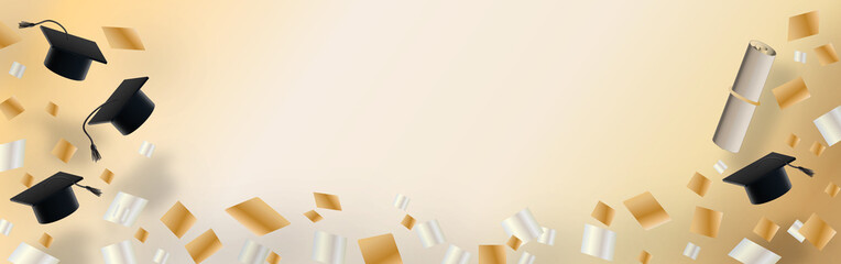 Graduation background with caps tossed in air and silver and gold confetti on very light soft golden back drop left blank for copy space