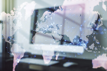 Abstract creative digital world map on modern computer background, globalization concept....
