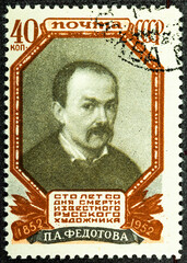 USSR - CIRCA 1952: A stamp printed in the USSR in Russia depicts the Russian artist P.A. Fedotov, 100th anniversary of death, circa 1952