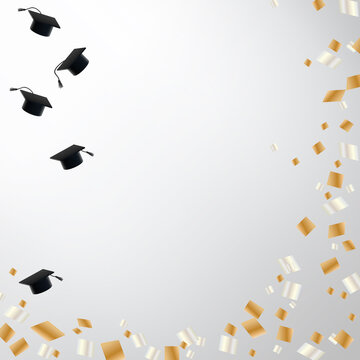 Graduation background with caps tossed in air and silver and gold confetti on white blank back drop that transitions to silvery gray