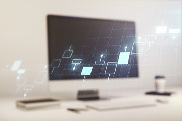 Double exposure of abstract creative financial diagram on modern laptop background, banking and accounting concept