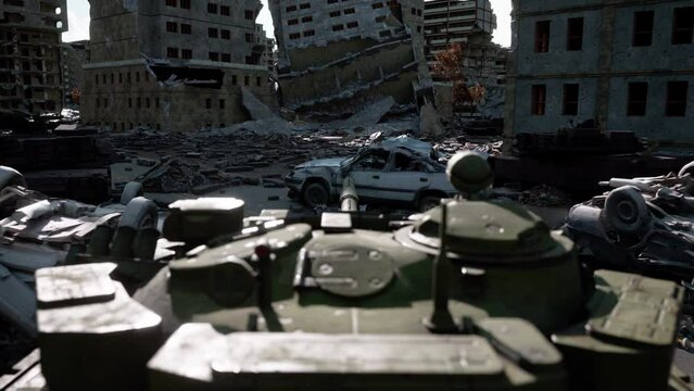 Huge damage cause by the war in Ukraine. The ruined city landmarks, debris of buildings, smoldering parts of Mariupol city structures. A convoy of tanks drive through the occupied city. The horror of