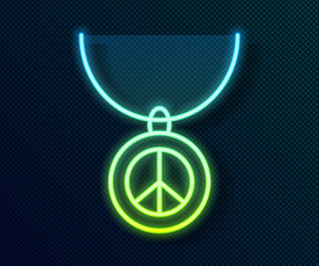 Glowing neon line Necklace with peace symbol icon isolated on black background. Hippie symbol of peace. Vector