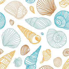 Vector linear seamless pattern of different shells on white background