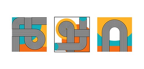 Set of three Abstract Backgrounds. Colorful modern Posters or cards. Round shapes, Lines, Curves. Geometrical Design. Minimalistic trendy concept. Square isolated Patterns. Every poster is isolated