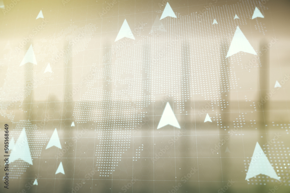 Poster abstract virtual geolocations map hologram on empty corporate office background. gps tracking and na
