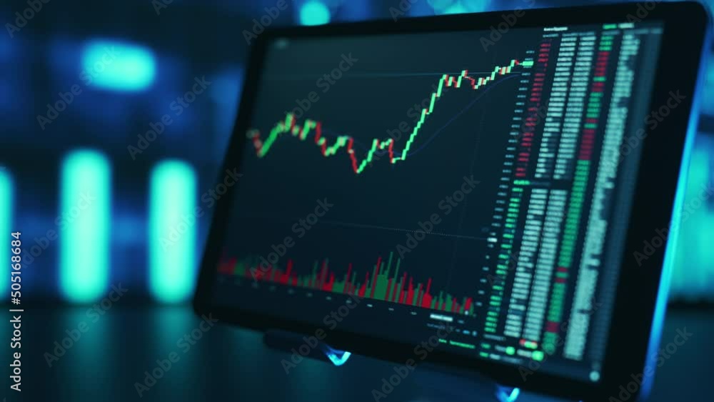 Poster stock market candles and information of exchange with data of price on the tablet screen. financial 