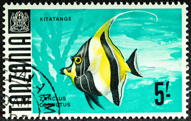 TANZANIA - CIRCA 1967: A stamp printed in Tanzania shows a fish Kitatange Zanclus cornutus circa...