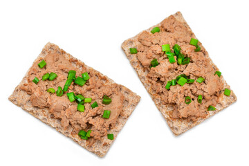 Fototapeta na wymiar Crispy Sandwich with Chicken Pate and Green Onions Isolated on White Background - Top View. Whole Grain Bread with Liver Pate. Diet Breakfast and Healthy Food