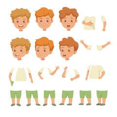 Little Boy Character Constructor with Body Parts and Face Emotion Vector Set