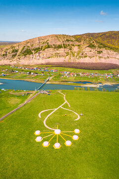 Aerial view of the camping from the traditional dwellings of the nomads of the Turkic peoples - yurts