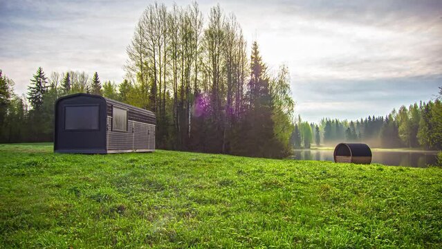 Stunning minimalist cabin with sauna in lush secluded area; time lapse