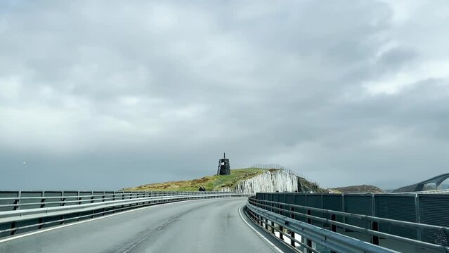 Driving a Car on a Road in Norway Atlantic Ocean Road or the Atlantic Road (Atlanterhavsveien), National Tourist Route along the Atlantic coast
