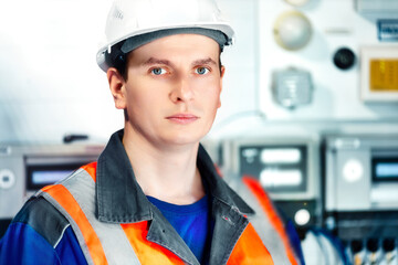 Portrait of young heavy industry engineer in protective vest and work clothes and helmet. Confident worker looks directly into camera. Modern technological plant or production plant. Background